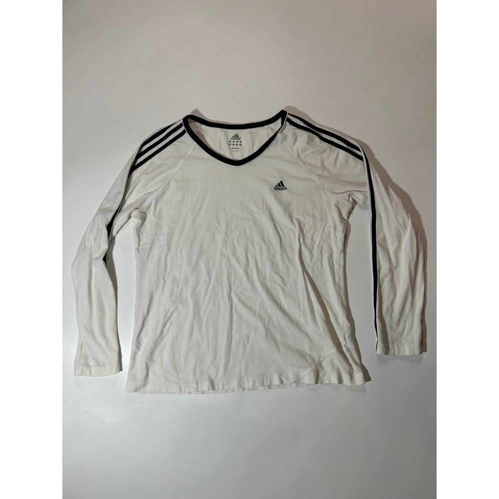 Adidas Long Sleeve Top Womens XL White Excellent 3-Stripe V-Neck Athletic Tee